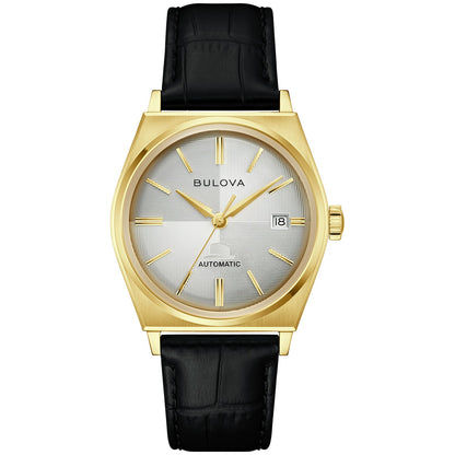 Automatik-Herrenuhr mit silbernem Zifferblatt, schwarzem Lederarmband und Datumsanzeige
