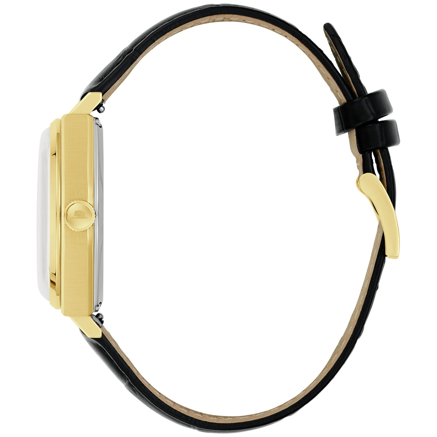 Herrenuhr mit goldfarbenem Gehäuse und schwarzem Lederarmband, Seitenansicht mit Krone