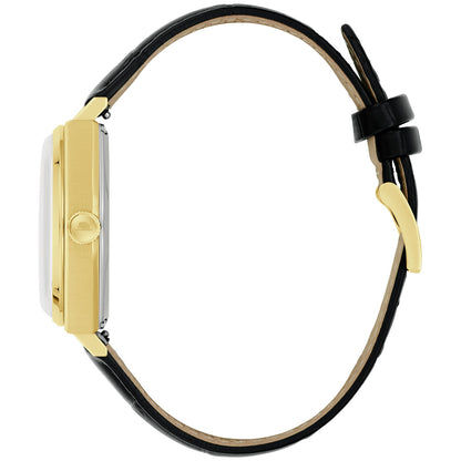 Herrenuhr mit goldfarbenem Gehäuse und schwarzem Lederarmband, Seitenansicht mit Krone