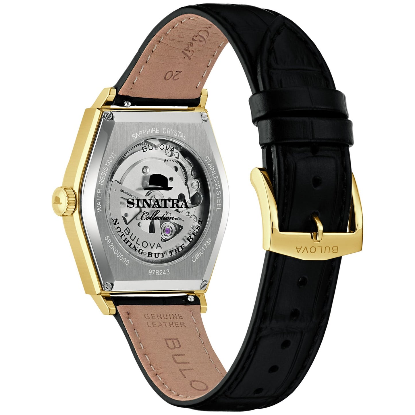 Automatik-Herrenuhr mit schwarzem Lederarmband und sichtbar graviertem Gehäuseboden