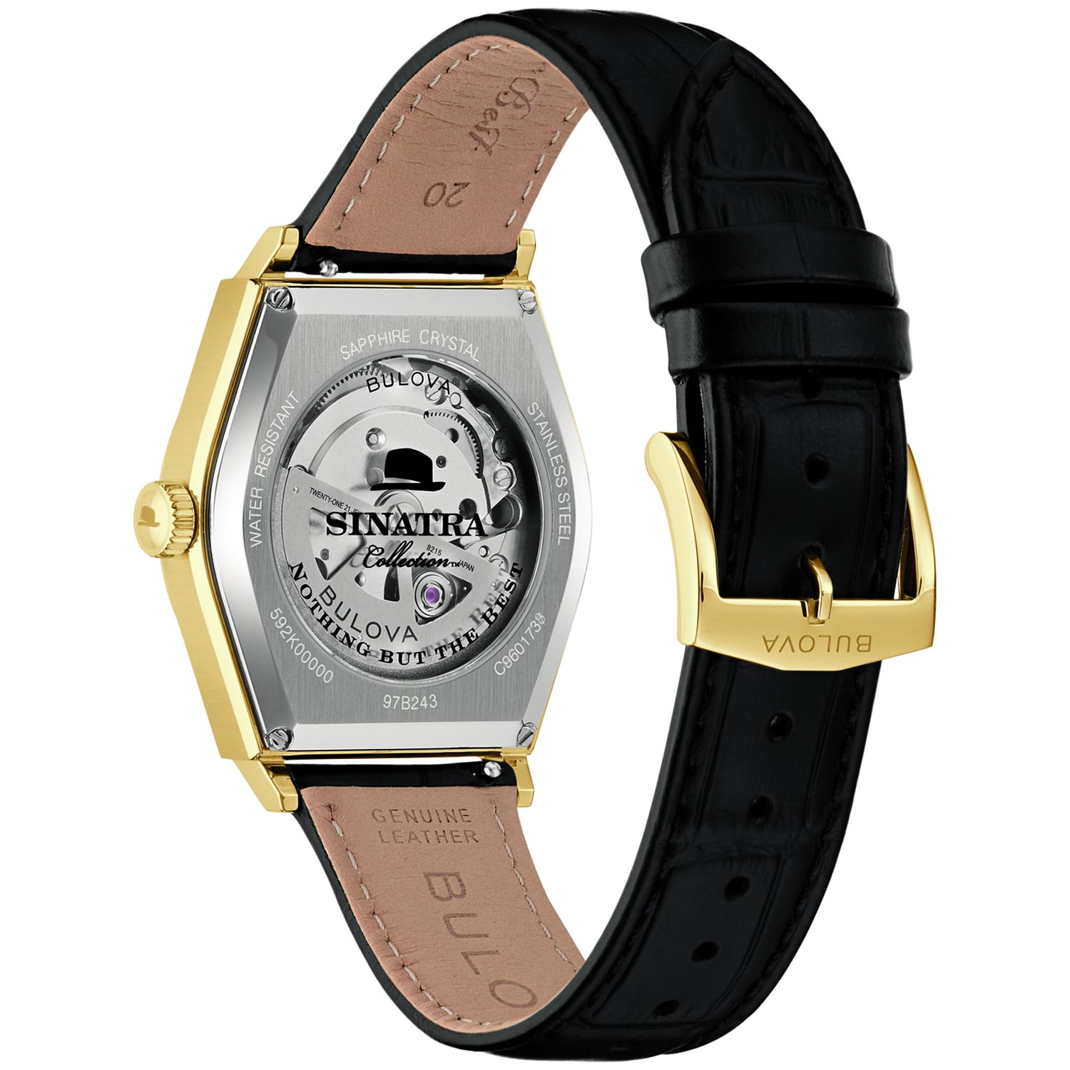 Automatik-Herrenuhr mit schwarzem Lederarmband und sichtbar graviertem Gehäuseboden