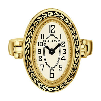 Ovale Damenarmbanduhr mit goldfarbenem Gliederarmband, Elfenbein-Zifferblatt und Ornamentrahmen