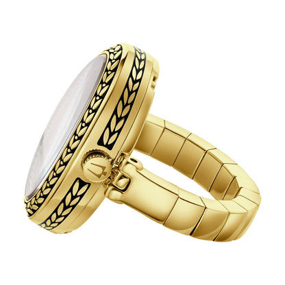 Ovale Damenarmbanduhr, Seitenansicht mit goldfarbenem Armband aus Gliedern und verziertem Rahmen