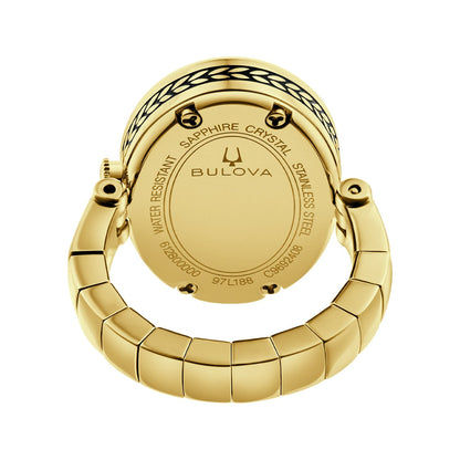 Rückseite der goldfarbenen Damenarmbanduhr mit gravierten Aufschriften und verschraubtem Gehäuse