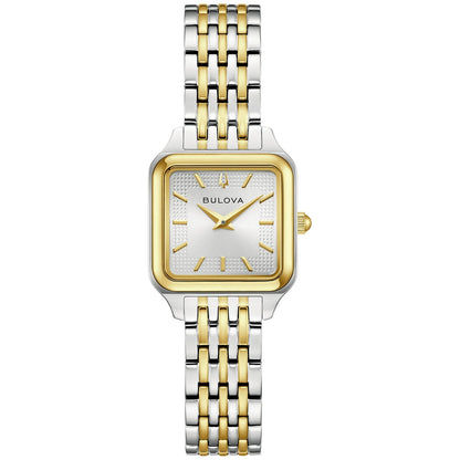 Bulova Damenuhr mit rechteckigem Gehäuse, zweifarbigem Metallband und weißem Zifferblatt