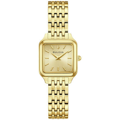Bulova Damenuhr mit quadratischem Champagner-Zifferblatt und Edelstahl-Gliederarmband