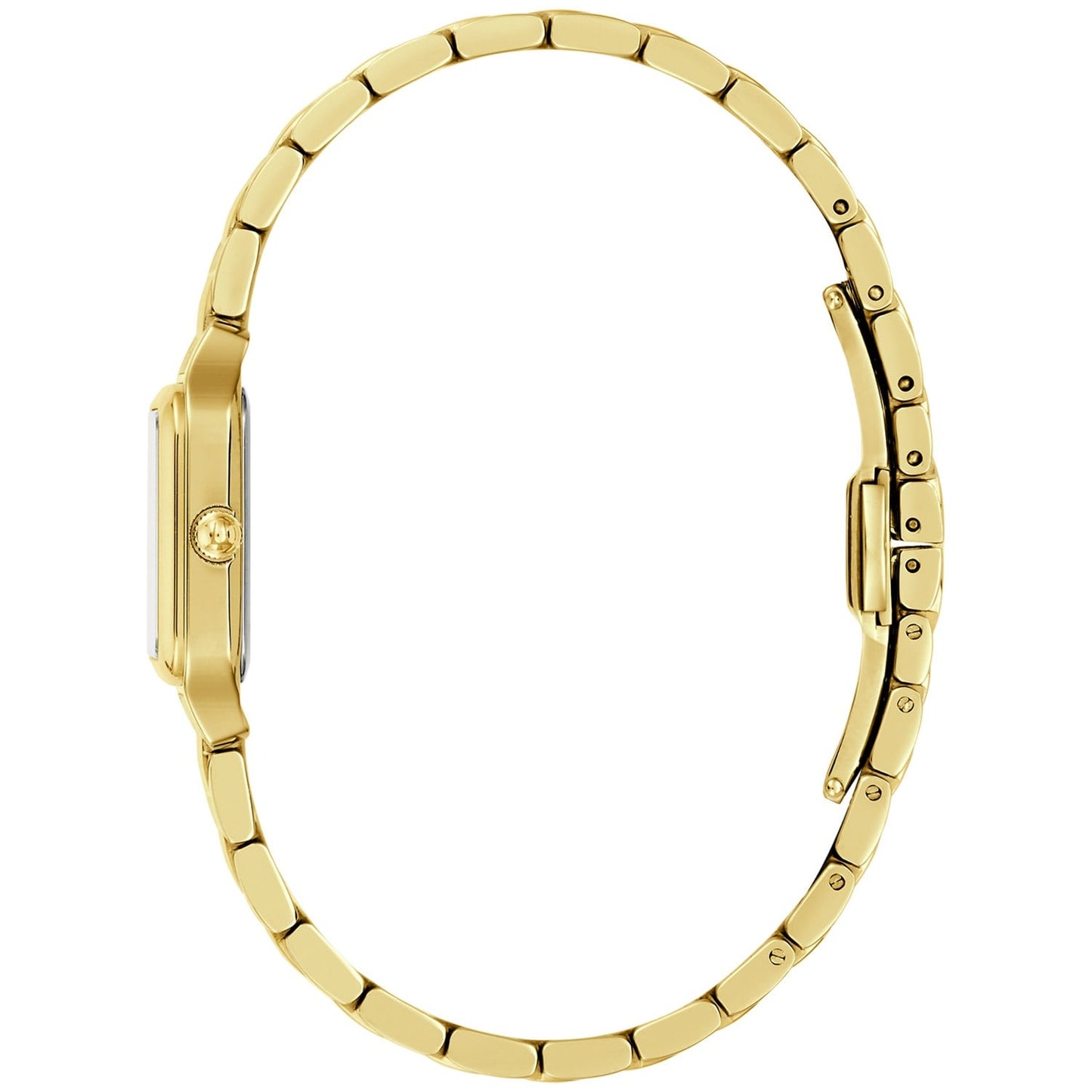 Bulova Damenuhr: Seitenansicht mit Gliederarmband und Krone am Gehäuse