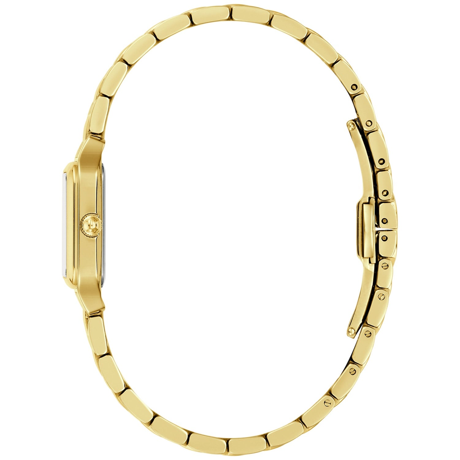 Bulova Damenuhr: Seitenansicht mit Gliederarmband und Krone am Gehäuse