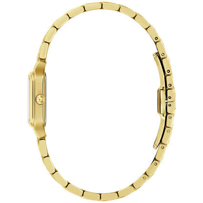 Bulova Damenuhr: Seitenansicht mit Gliederarmband und Krone am Gehäuse