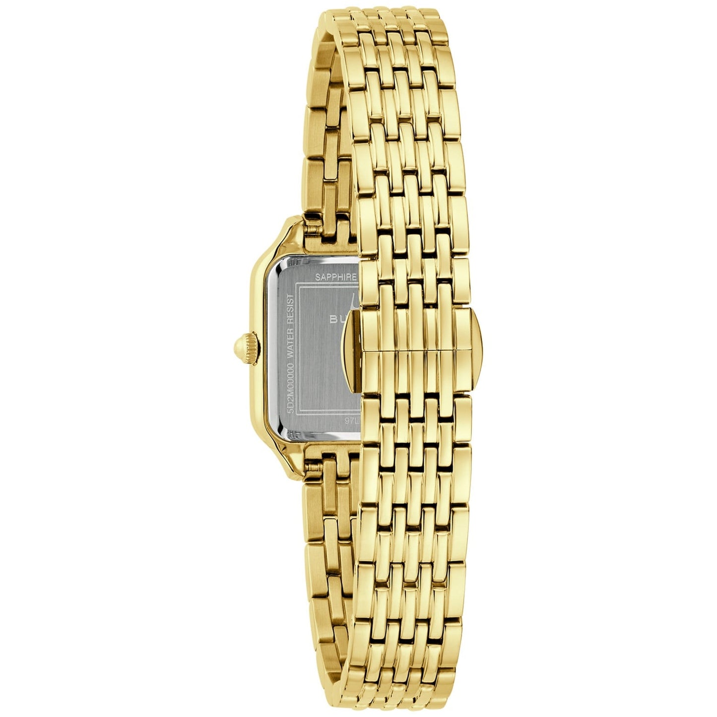 Bulova Damenuhr mit Gliederarmband, seitlicher Ansicht des Gehäuses und Saphirglas