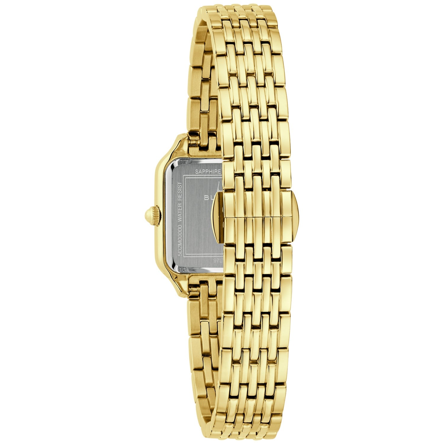 Bulova Damenuhr mit Gliederarmband, seitlicher Ansicht des Gehäuses und Saphirglas