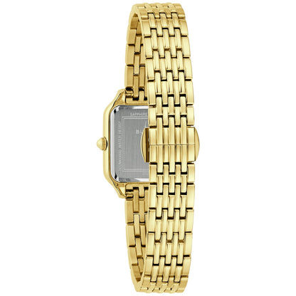 Bulova Damenuhr mit Gliederarmband, seitlicher Ansicht des Gehäuses und Saphirglas