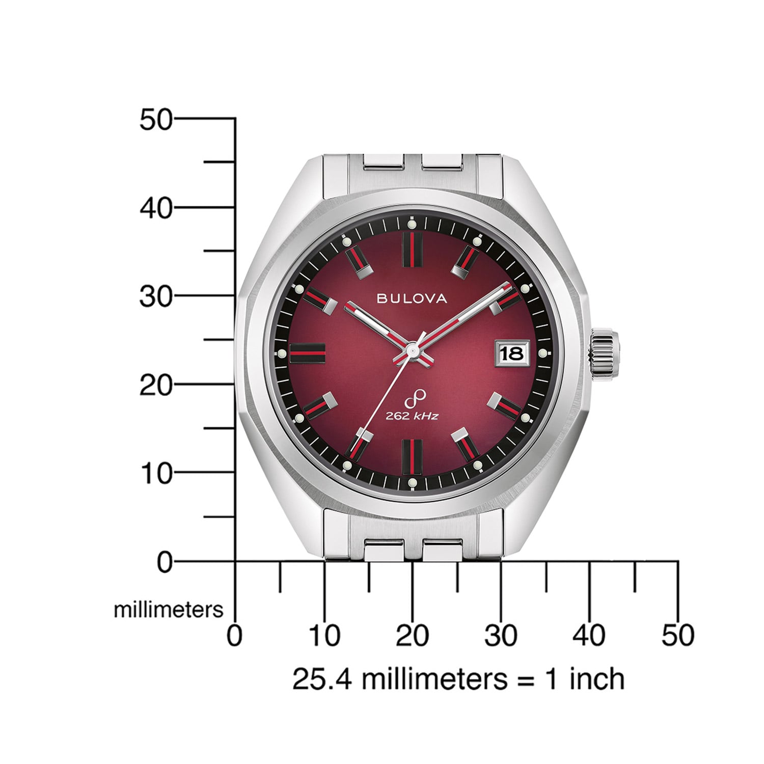 Bulova Herrenarmbanduhr mit rotem Zifferblatt, silbernem Edelstahlband und Datumsfenster.