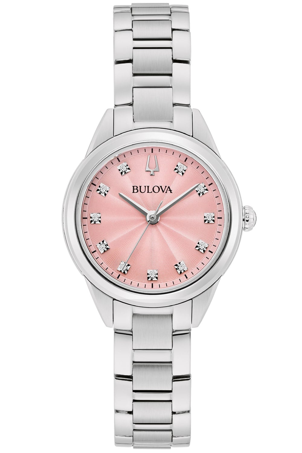 Damenarmbanduhr Bulova mit rosafarbenem Zifferblatt, silbernem Metallband und Diamantindizes