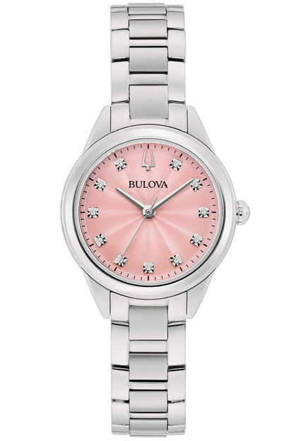 Damenarmbanduhr Bulova mit rosafarbenem Zifferblatt, silbernem Metallband und Diamantindizes