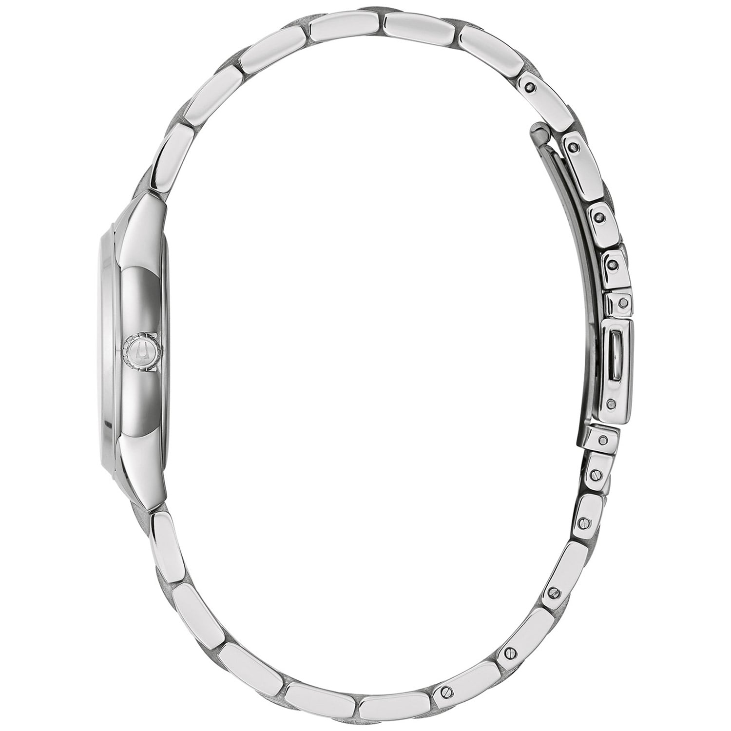 Damenarmbanduhr Bulova Seitenansicht mit silbernem Metallgehäuse und Gliederarmband