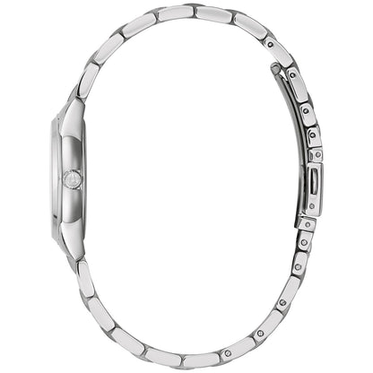 Damenarmbanduhr Bulova Seitenansicht mit silbernem Metallgehäuse und Gliederarmband