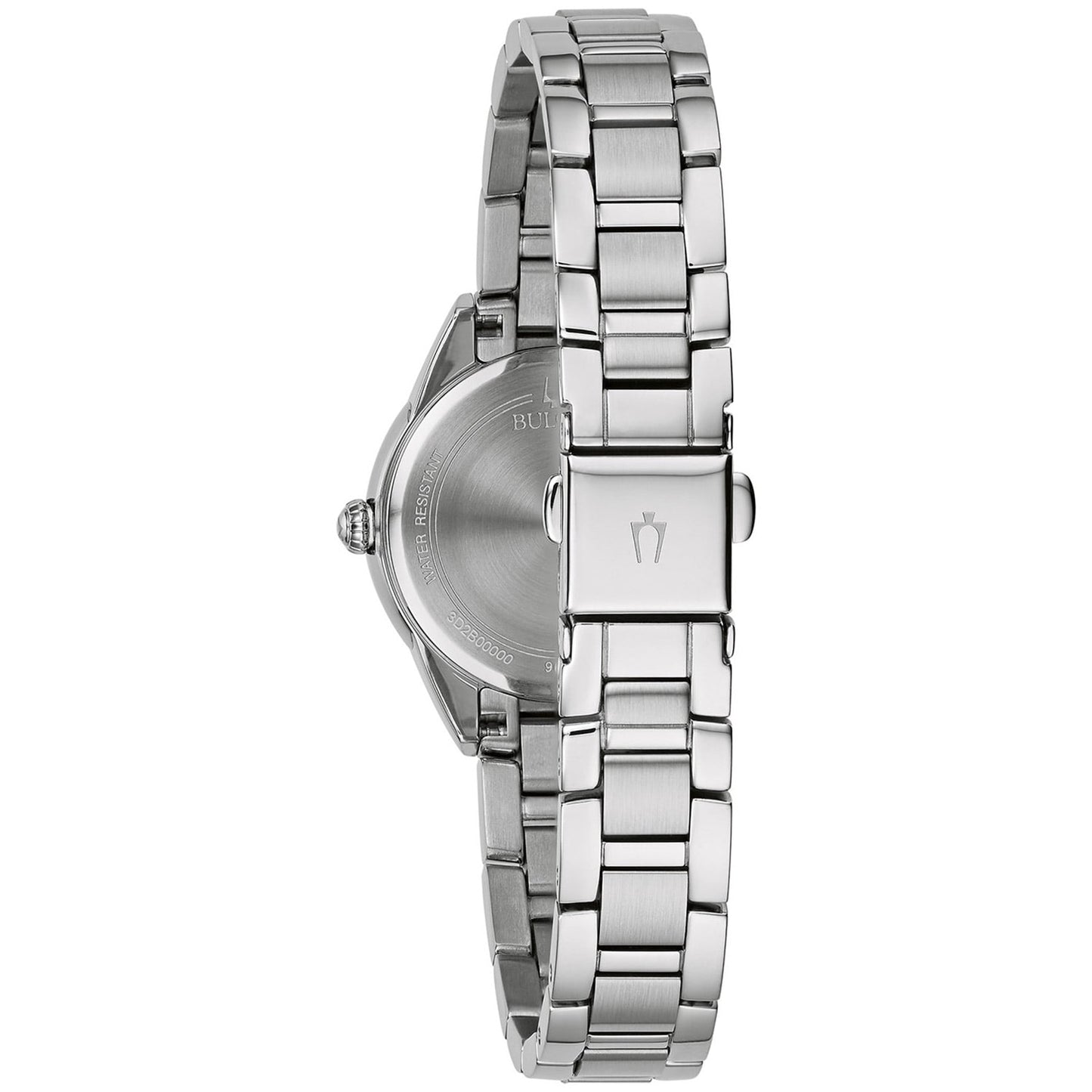 Damenarmbanduhr Bulova mit silbernem Gliederarmband und Gehäuse-Rückseite mit Gravur
