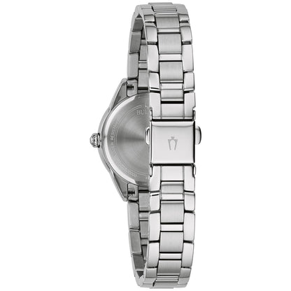 Damenarmbanduhr Bulova mit silbernem Gliederarmband und Gehäuse-Rückseite mit Gravur