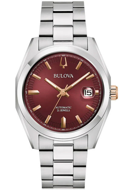 Bulova Automatikuhr mit weinrotem Zifferblatt, goldenen Zeigern und Edelstahlarmband