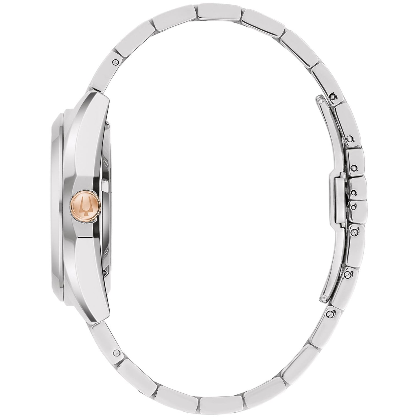 Bulova Automatikuhr, Seitenansicht mit Krone in Roségold und Edelstahlgliedern