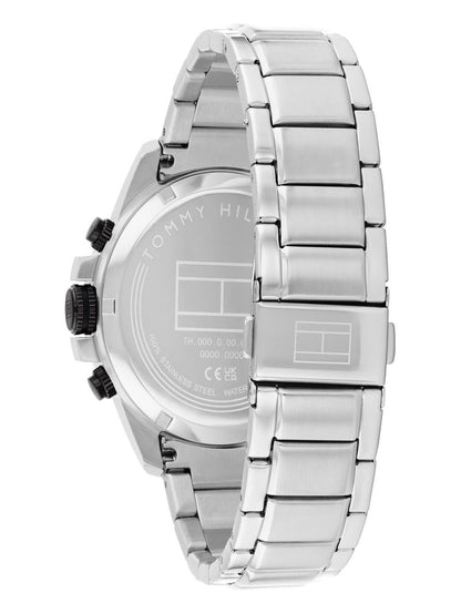 Tommy Hilfiger Herrenuhr Rückseite: silbernes Metallgehäuse mit Prägung, Verschluss am Armband