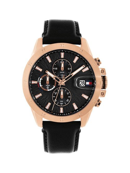 Roségoldfarbene Herren-Armbanduhr mit schwarzem Zifferblatt und schwarzem Lederarmband