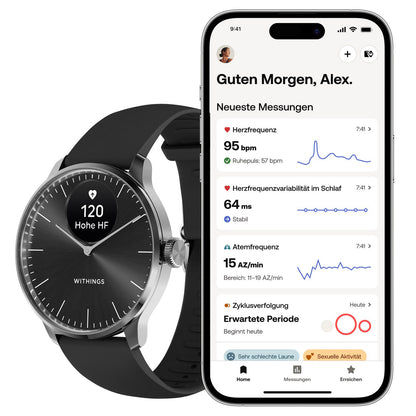 Withings ScanWatch Light Hybrid-Smartwatch und Smartphone mit Messdaten auf dem Display