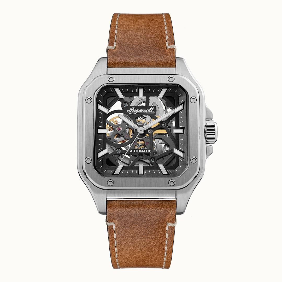 Herrenarmbanduhr Ingersoll Ollie mit braunem Lederarmband und schwarzem Skelettzifferblatt