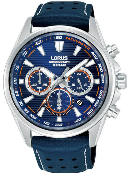 Herren-Chronographenuhr von Lorus mit dunkelblauem Lederarmband und blauem Ziffernblatt