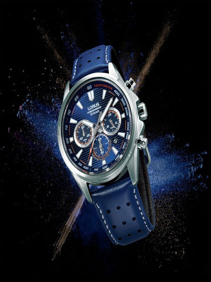Herren-Chronographenuhr von Lorus, blaues Ziffernblatt, dunkelblaues Armband, seitliche Krone