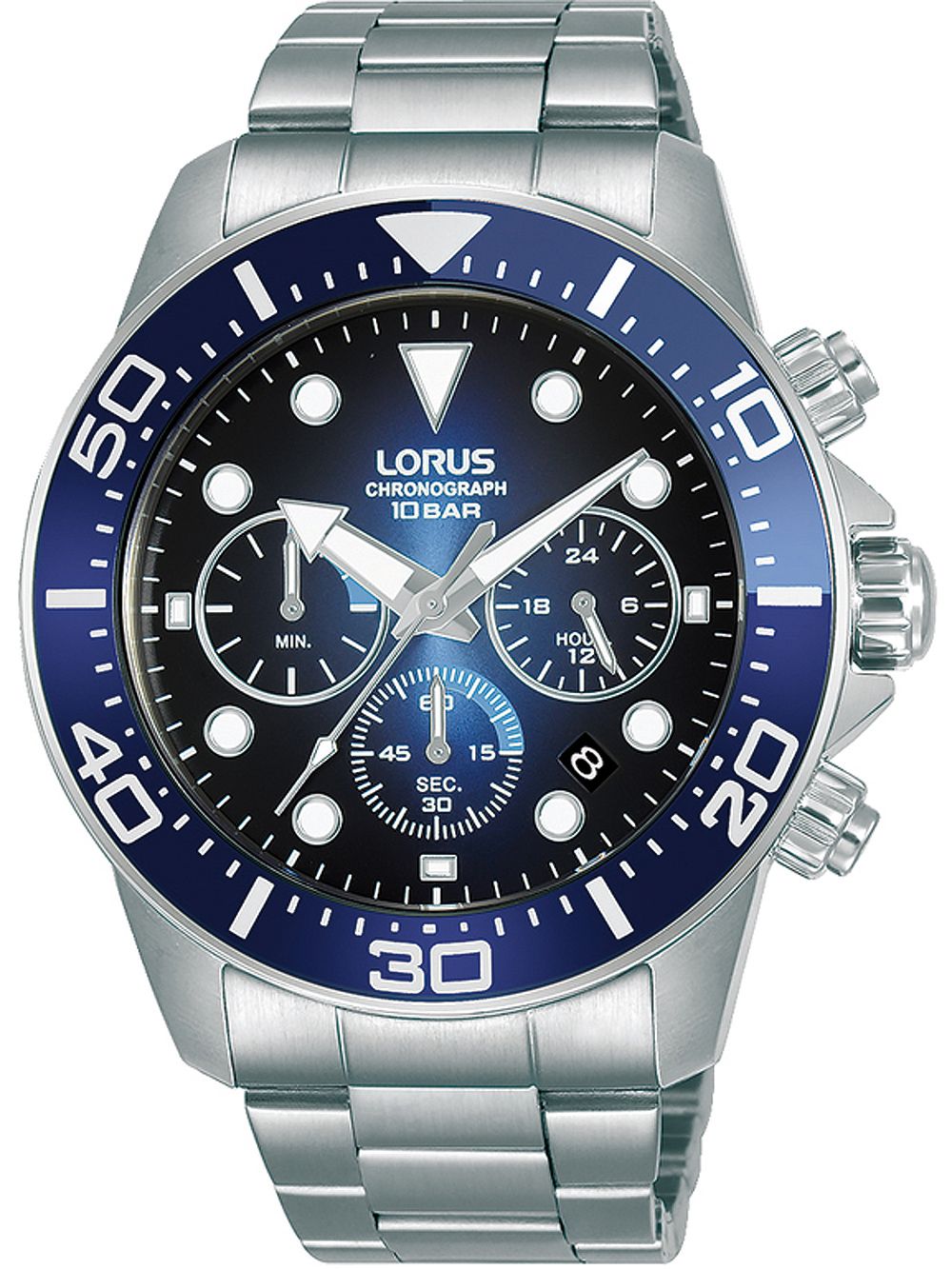 Herren-Armbanduhr mit Chronograph, blau-schwarzem Zifferblatt und Edelstahlarmband