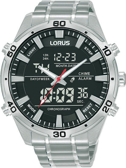 Herrenarmbanduhr Lorus mit silbernem Metallarmband, schwarzem Zifferblatt und Chronographen