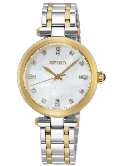Damenuhr Seiko mit zweifarbigem Metallarmband, goldenem Lünette und Diamant-Zifferblatt