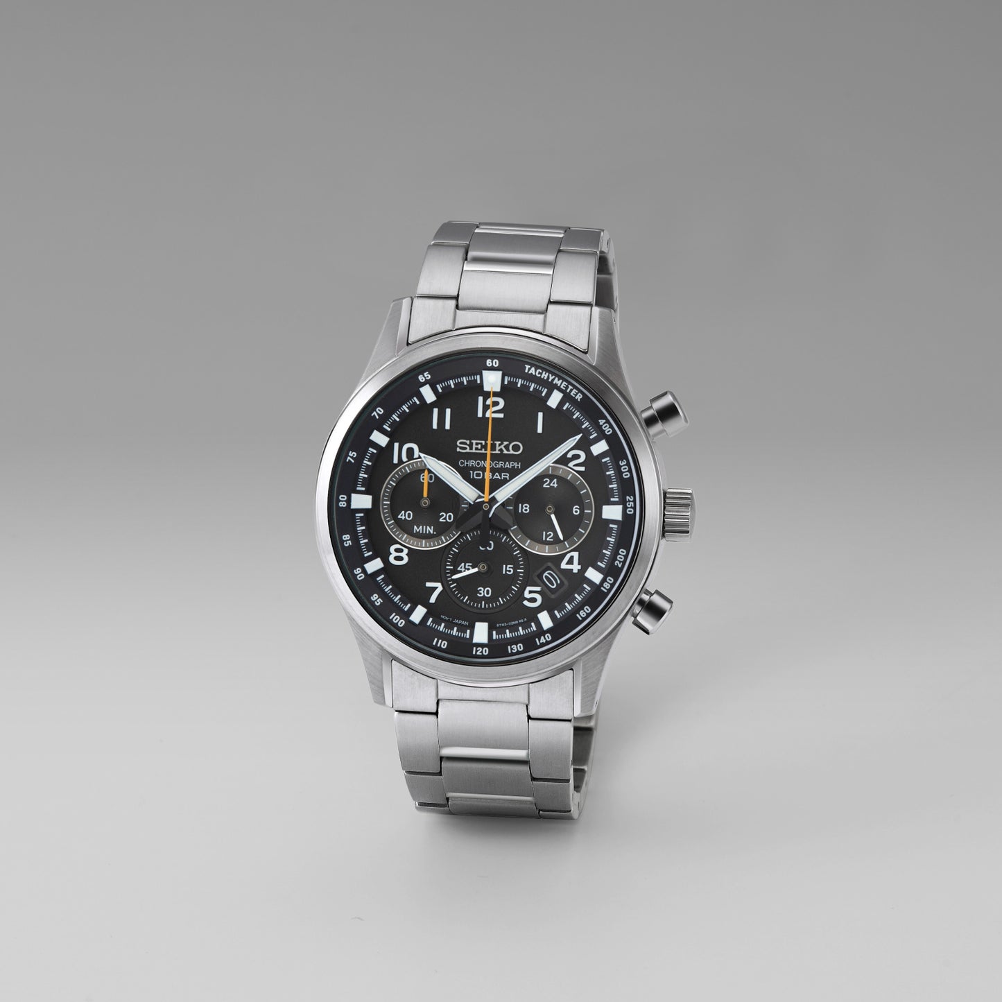 Seiko Chronographenarmbanduhr mit Stahlband und schwarzem Zifferblatt, seitlicher Drücker