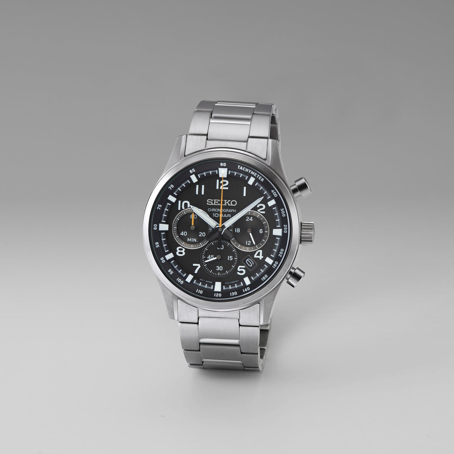 Seiko Chronographenarmbanduhr mit Stahlband und schwarzem Zifferblatt, seitlicher Drücker