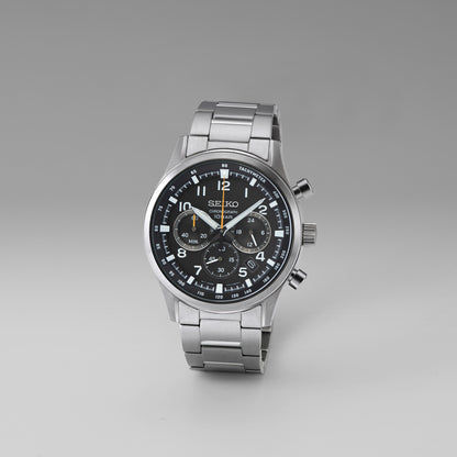 Seiko Chronographenarmbanduhr mit Stahlband und schwarzem Zifferblatt, seitlicher Drücker