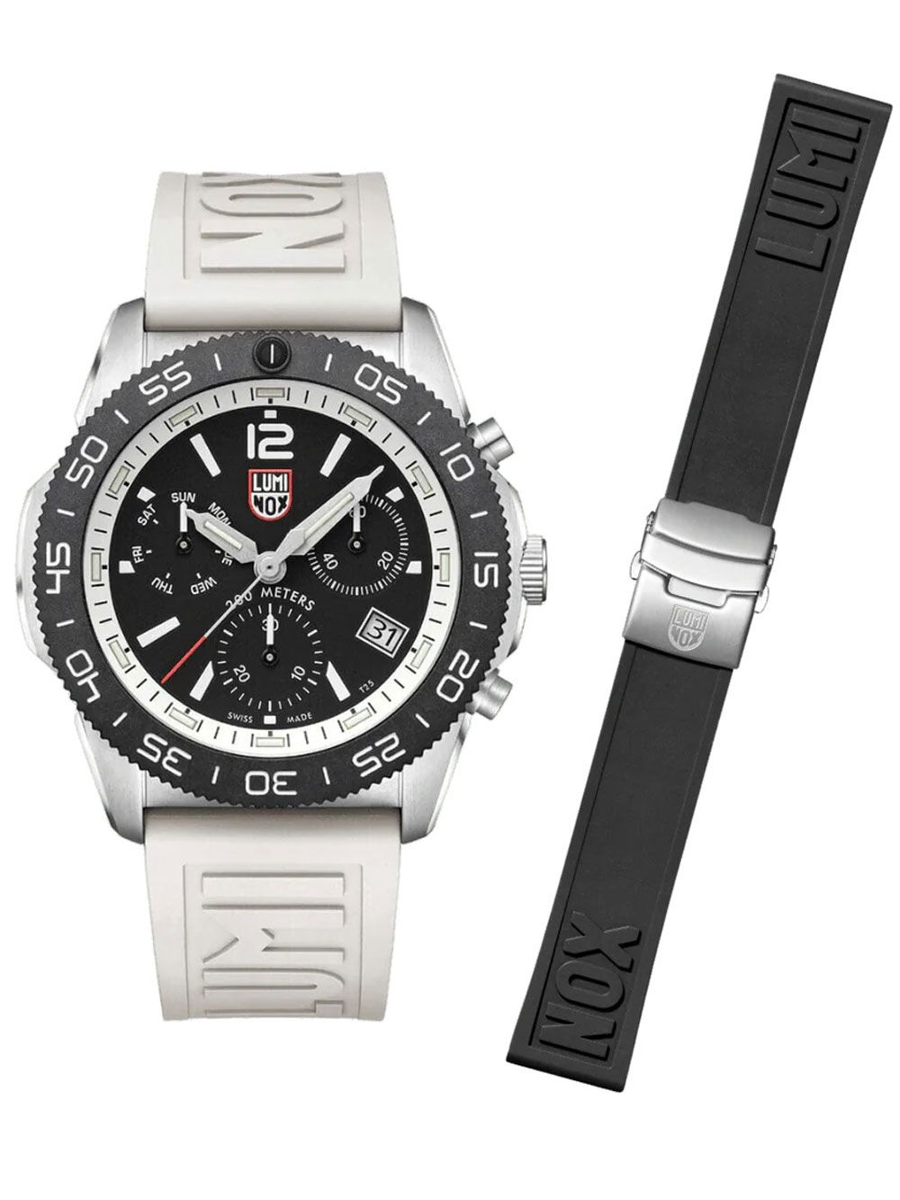 Luminox Taucherchronograph mit schwarzem Zifferblatt, grauem Gummiarmband und Zusatzband