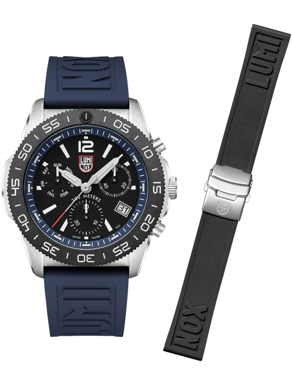 Luminox Pacific Diver Chronograph Armbanduhr mit blauem Silikonband und blauem Zifferblatt