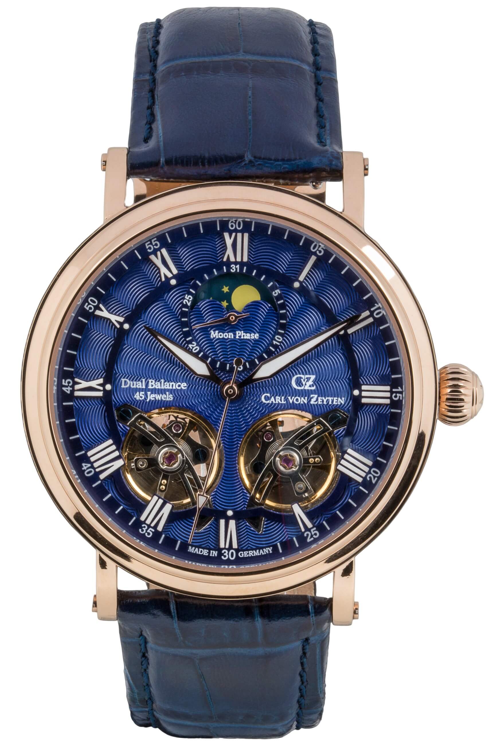 Herrenarmbanduhr Carl von Zeyten Murg mit blauem Zifferblatt, Roségold-Gehäuse und Lederband