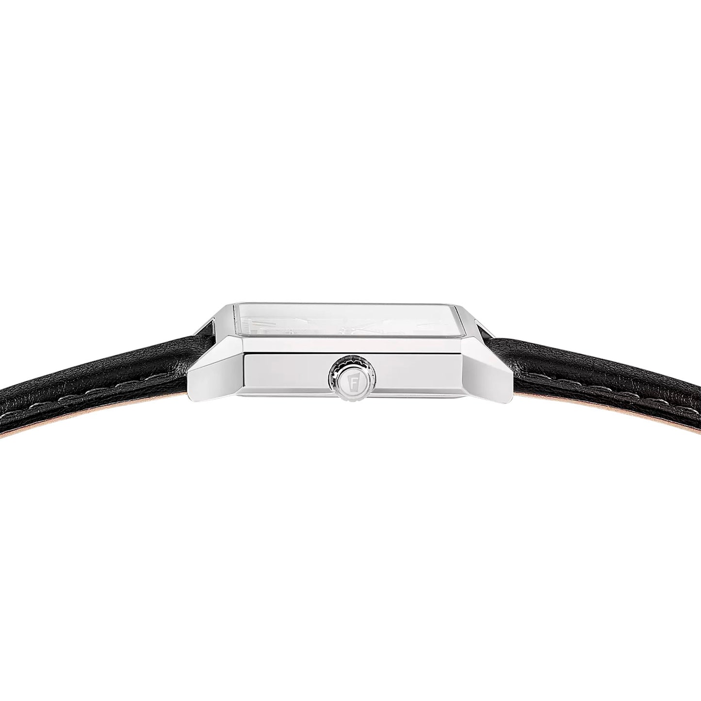 Herrenarmbanduhr mit silbernem Gehäuse und schwarzem Lederband, Glasfront von oben