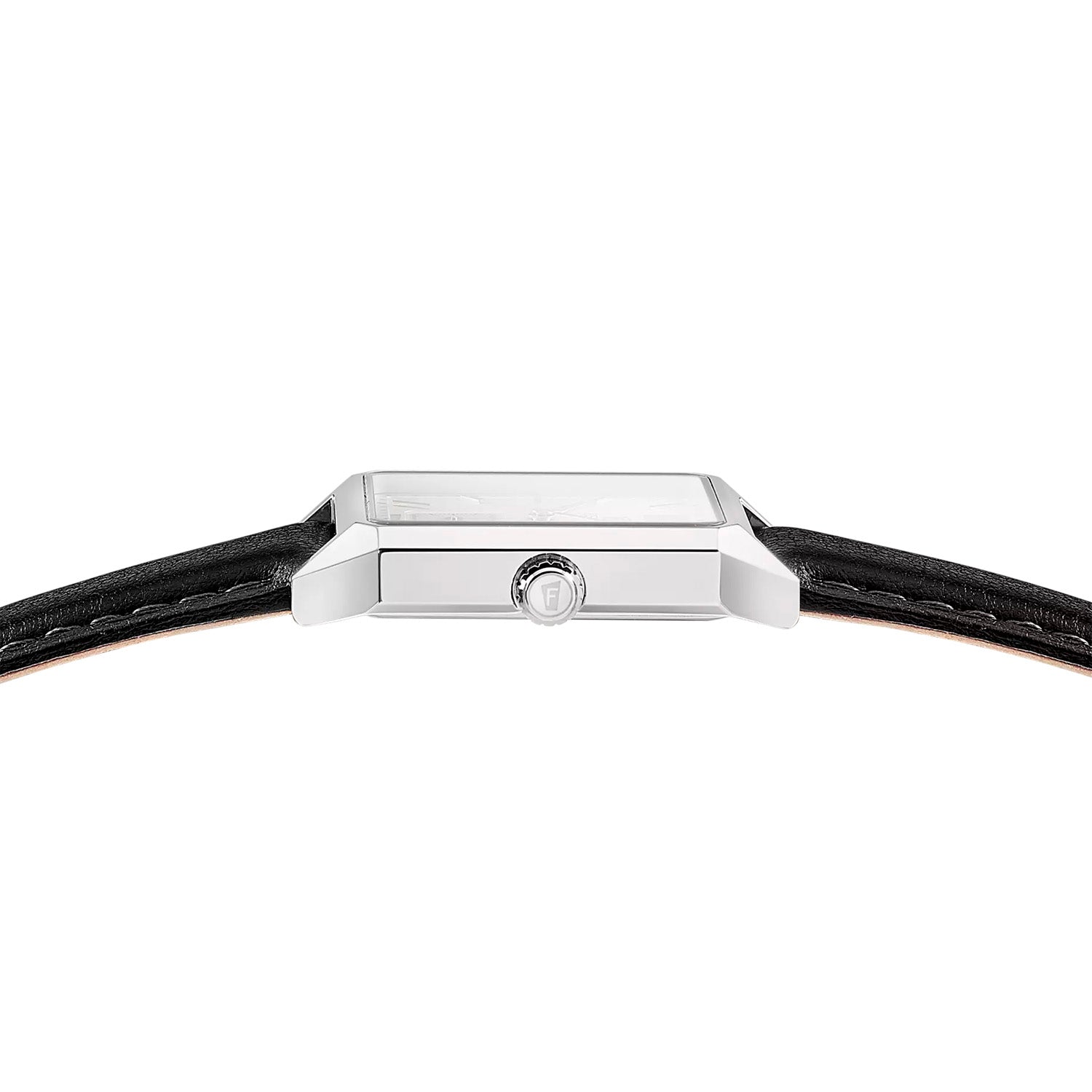 Herrenarmbanduhr mit silbernem Gehäuse und schwarzem Lederband, Glasfront von oben
