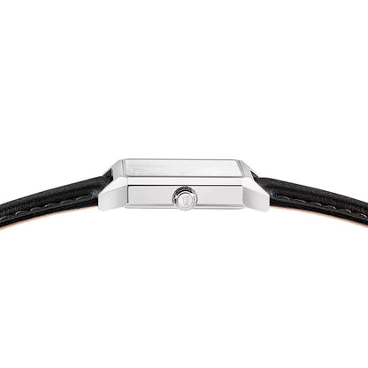 Herrenarmbanduhr mit silbernem Gehäuse und schwarzem Lederband, Glasfront von oben