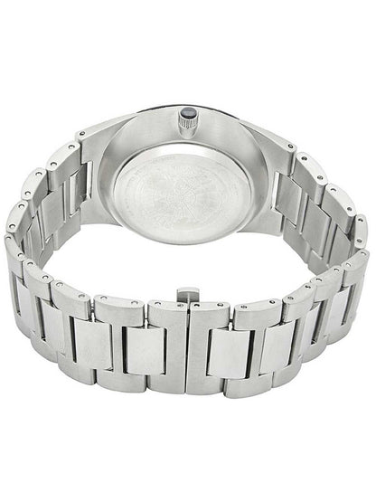 Herrenarmbanduhr mit silbernem Edelstahlarmband, Blick auf das Gehäuse von hinten