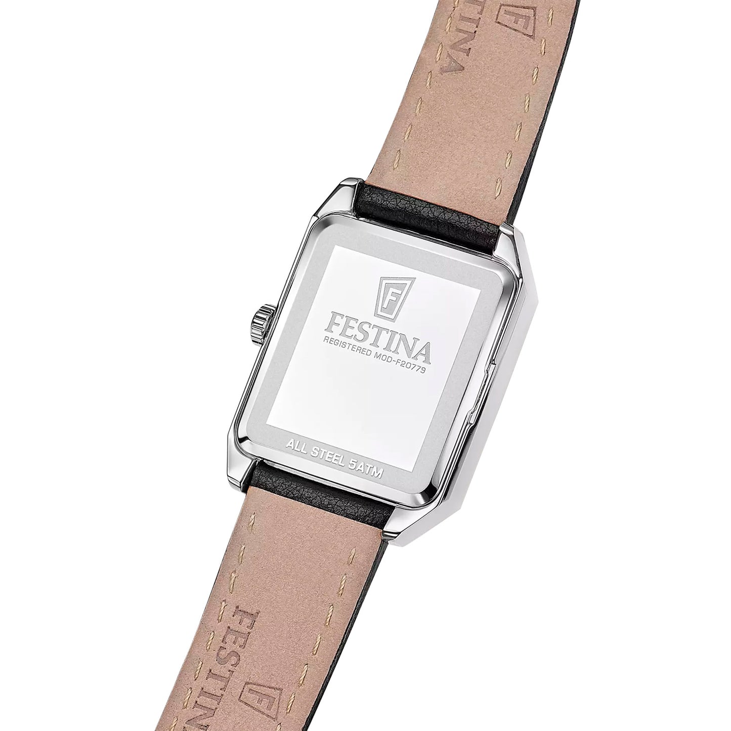 Festina Herrenarmbanduhr mit rechteckigem Gehäuse, schwarzem Einsatz und braunem Lederband