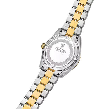 Festina Herrenuhr: Gehäuseboden mit Gravur, Edelstahlarmband gold-silber
