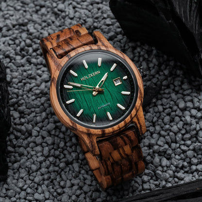 Holzkern Nightbird Herren-Armbanduhr mit grünem Automatik-Zifferblatt und Holzarmband