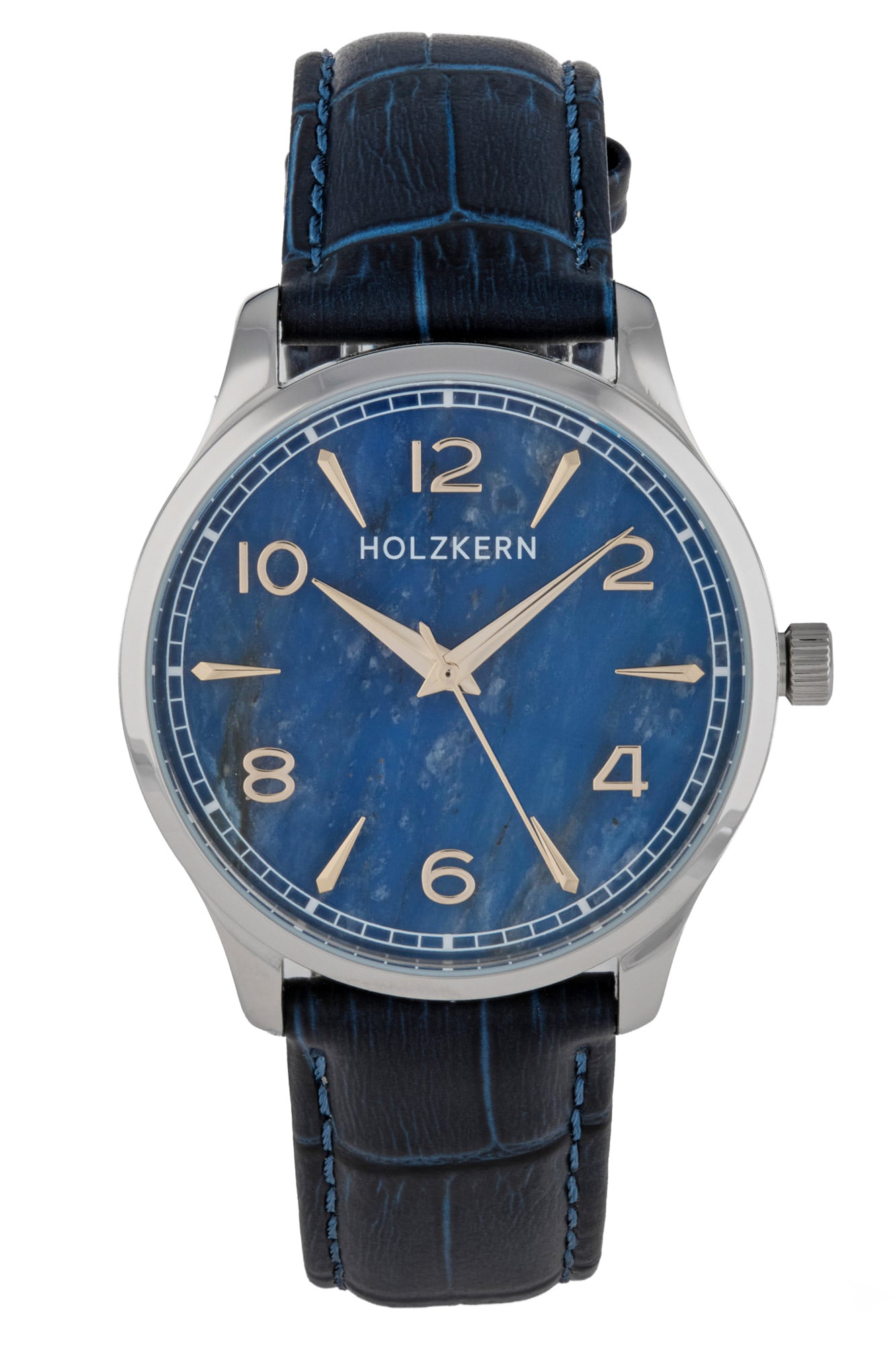 Silberne Herrenarmbanduhr mit blauem Sodalith-Zifferblatt und blauem Lederarmband