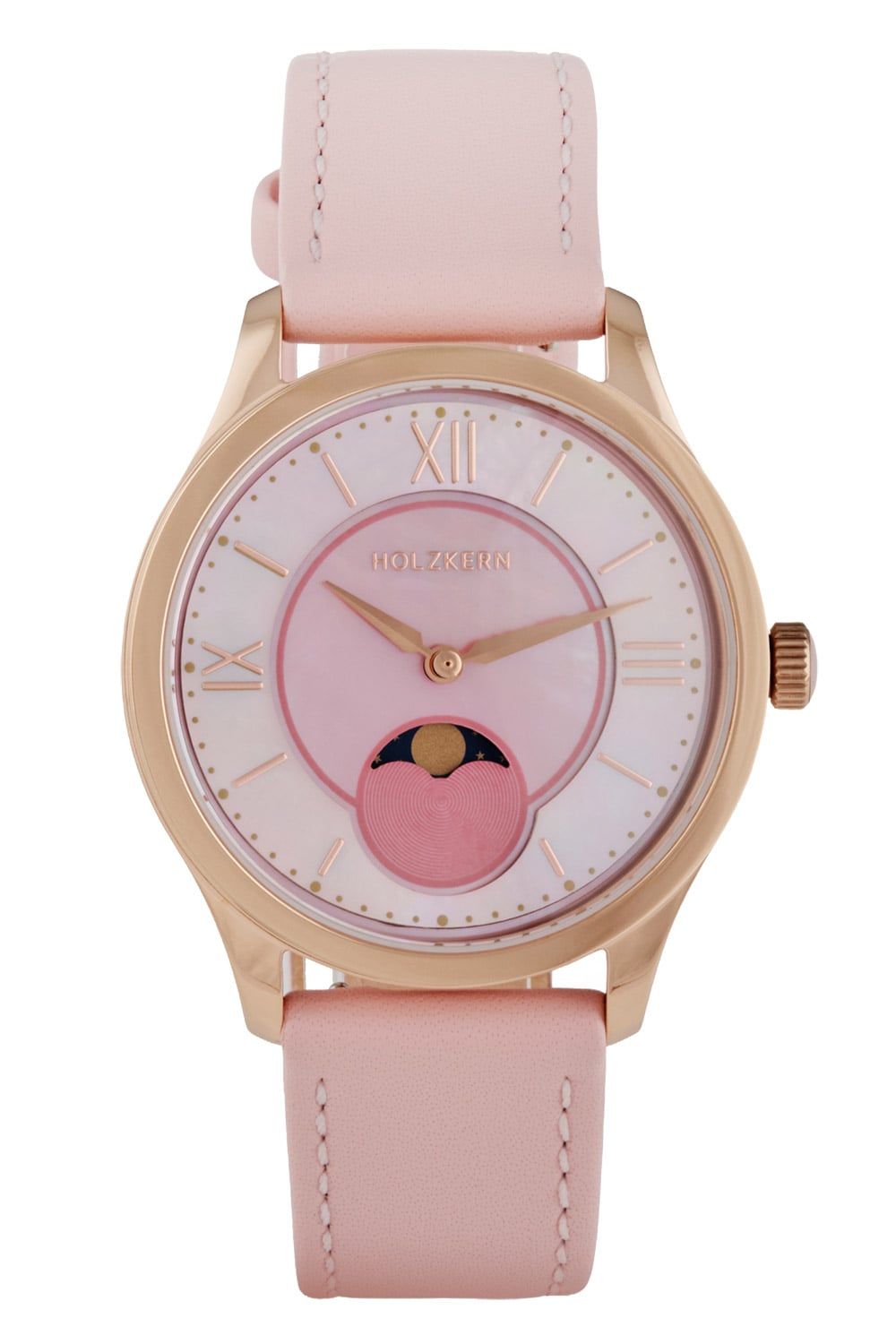 Holzkern Damenarmbanduhr: rosa Lederband, rosafarbenes Zifferblatt mit Mondmotiv