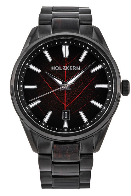 Herrenuhr mit schwarzem Armband und schwarzem Zifferblatt mit roten Akzenten